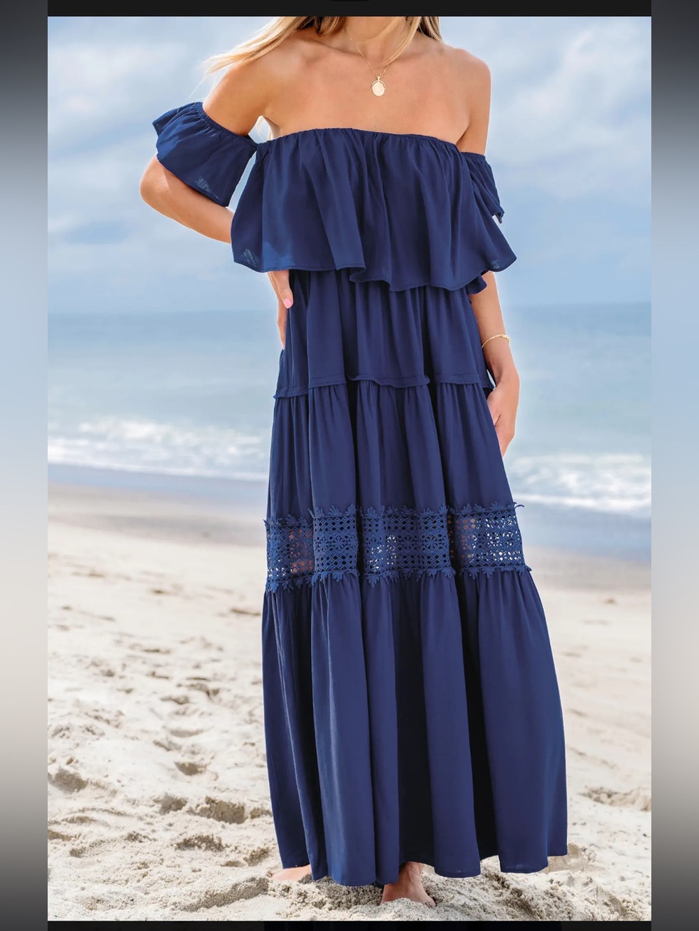 Cupshe NWT medium Off-Shoulder Navy Tiered Maxi Dress